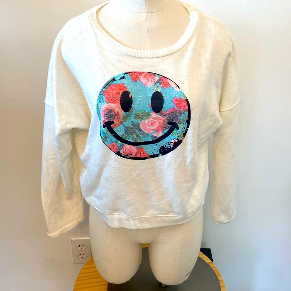 Vintage Understar Women's Smiley Face Hippie Boho Crop-Top Sweatshirt Sz Large